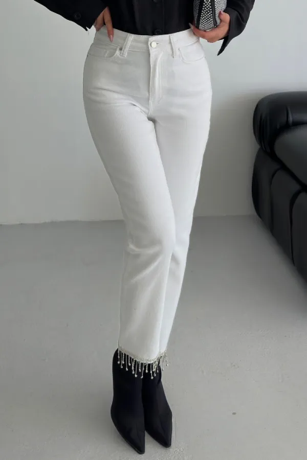 Fringe Ending High Rise Mom Fit Jean with Rhinestones on Legs 1890-50-(26-31) White