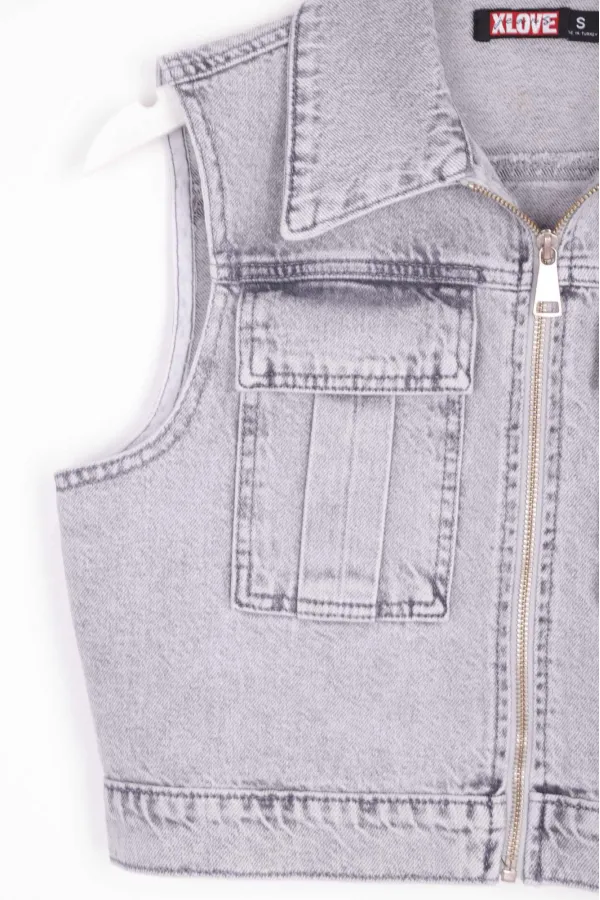 Fermuarlı Mini Kot Yelek  6018-32-(S-L-6)