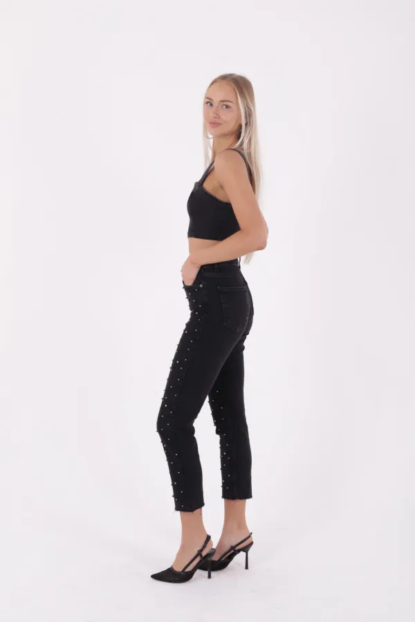 İnci Detaylı Mom Fit Kot Pantolon  1899-23-(28-33)