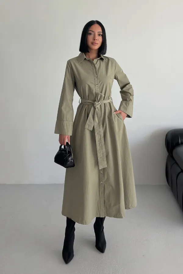 Düğmeli Uzun Boy Kot Elbise 3047-74-(S-XL)
