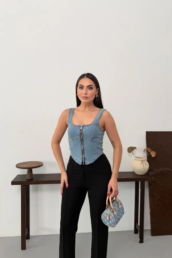 Fermuarlı Denim Büstiyer 411-25-(S-L-3)