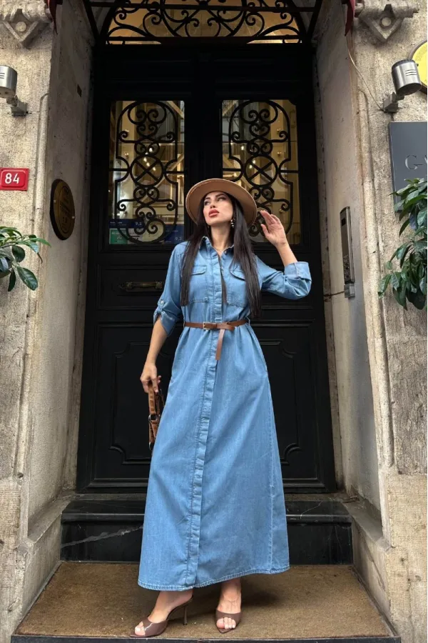 Düğmeli Uzun Elbise 3039-27-(S-XL)