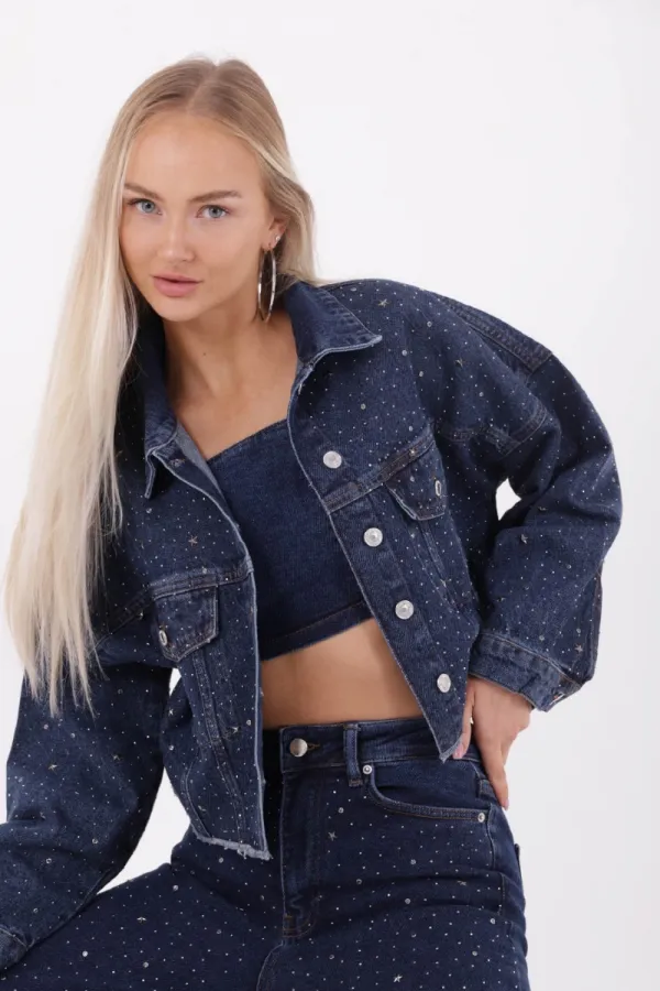 Oversize Short Denim Jacket with Stars and Rhinestones 6005-26-(S-L-5) Regular Dark Blue Oversize Short Denim Jacket with Stars and Rhinestones 6005-26-(S-L-5) Regular Dark Blue