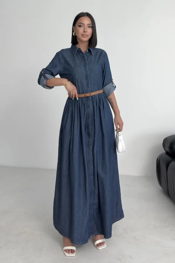 Büzgü Detaylı Uzun Kot Elbise  3048-26-(S-XL)