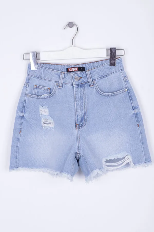 Ripped Denim Short with Fringe Ending 225-42-(S-XL-6) Ice Blue - Tinted Ripped Denim Short with Fringe Ending 225-42-(S-XL-6) Ice Blue - Tinted