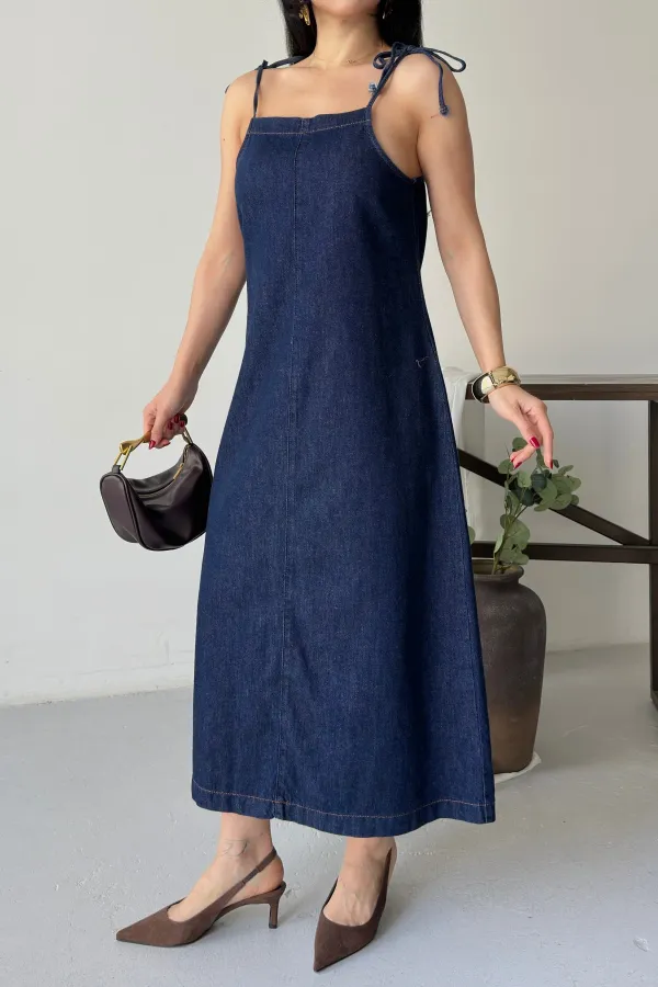 Strappy Relax Dress 3085-17-(S-XL) Slubbed Navy Blue Strappy Relax Dress 3085-17-(S-XL) Slubbed Navy Blue
