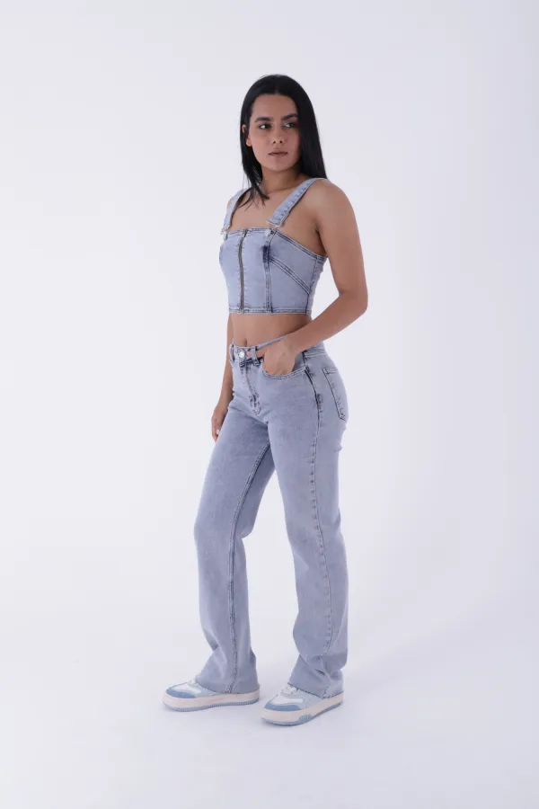 Tasseled Bottom Wide Leg Relax Jean  1726-08-(28-33) Snow Light Blue