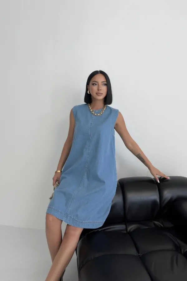 Sleeveless Oversize Denim Dress with Pocket 3043-25-(S-XL-6) Middle Blue