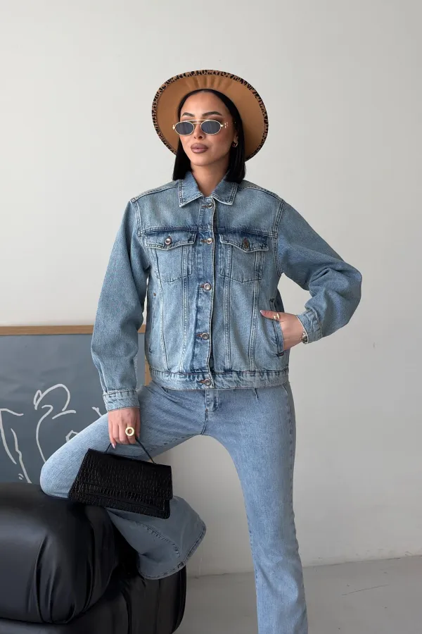 Denim Jacket with Buttons  6081-06-(S-L-3) Middle Blue Denim