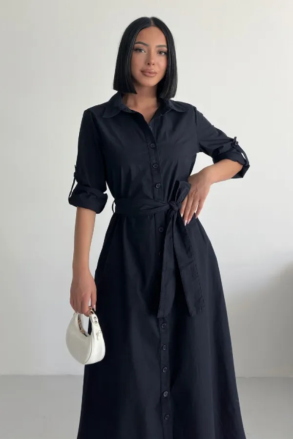 Düğmeli Uzun Boy Kot Elbise 3047-73-(S-XL)