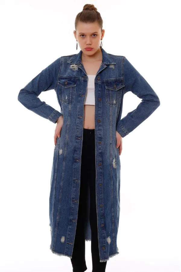 Ripped Long Denim Jacket 680-02-(S-XL) Dark Tinted Denim Ripped Long Denim Jacket 680-02-(S-XL) Dark Tinted Denim
