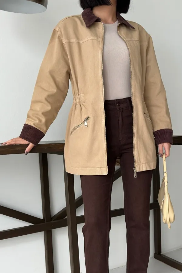 Velvet Piece Detailed Zippered Denim Jacket 6129-70-(S-XL) Camel