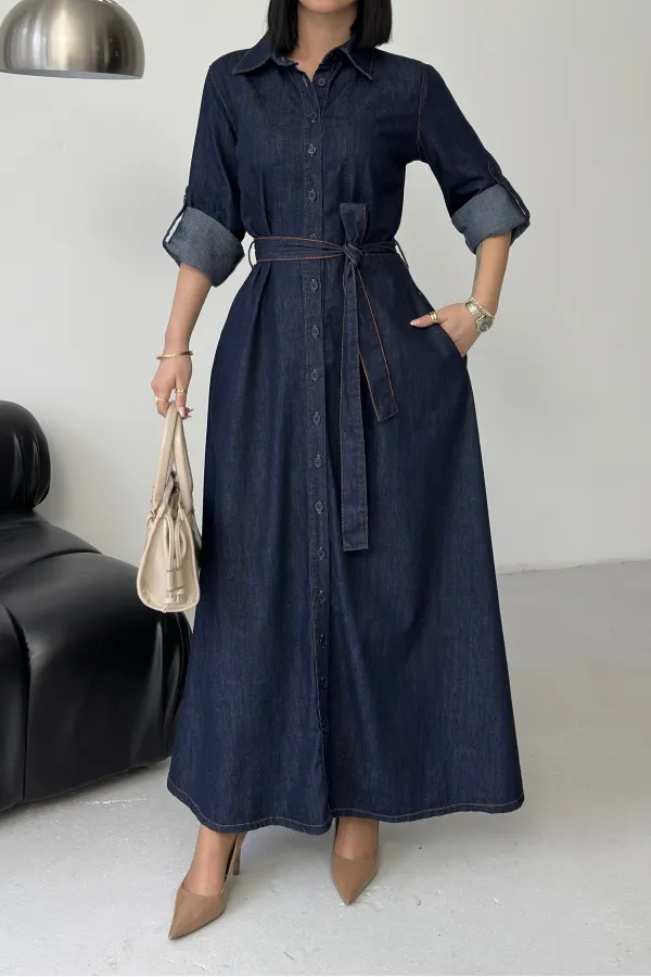 Düğmeli Uzun Boy Kot Elbise  3047-17-(S-XL)