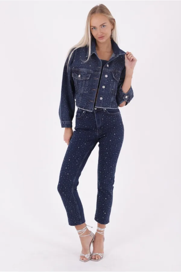 Oversize Short Denim Jacket with Stars and Rhinestones 6005-26-(S-L-5) Regular Dark Blue Oversize Short Denim Jacket with Stars and Rhinestones 6005-26-(S-L-5) Regular Dark Blue