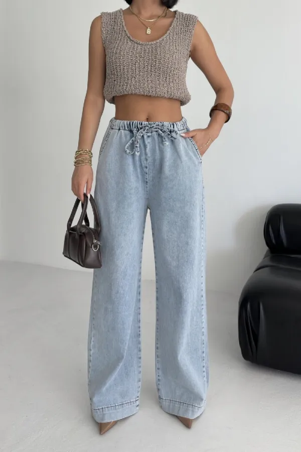 Elastic Waist Palazzo Jean 7076-08-(S-XL) Snow Light Blue