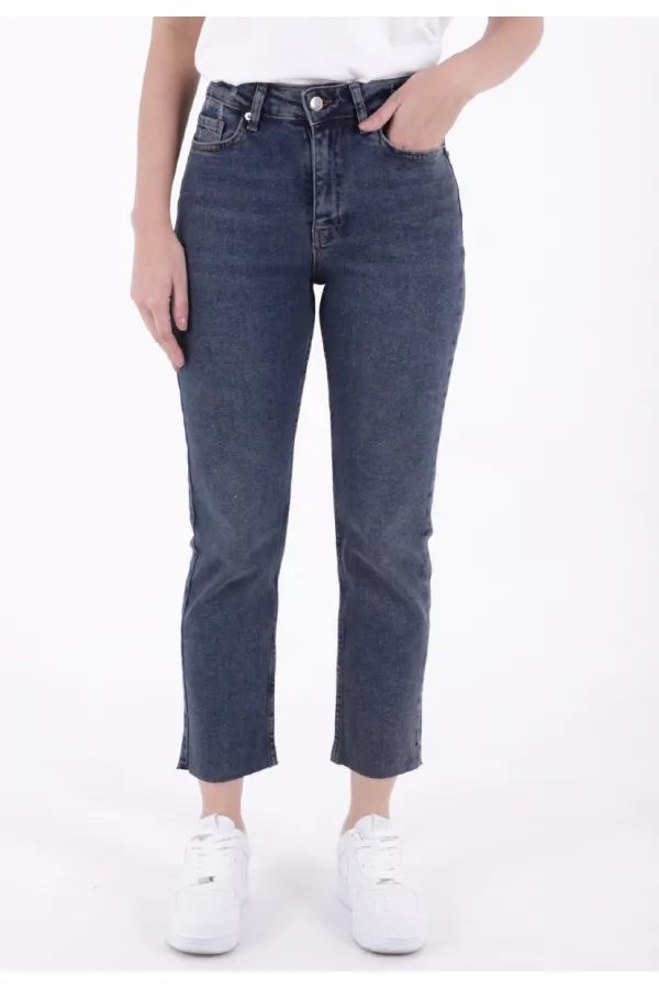Fringe Ending High Waisted Mom Fit Jean 764-28-(26-29) Dark Blue Snow Denim