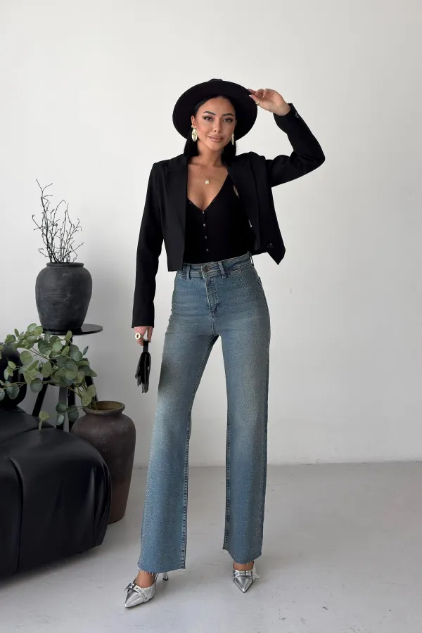 Relaxed Trousers with Stone Embellished Decorative Pockets 7213-62-(27-32) Middle Blue - Tinted