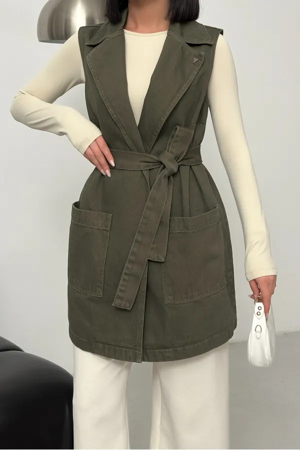 Belted and Cross Over Collar Denim Vest 6137-67-(S-XL) Khaki