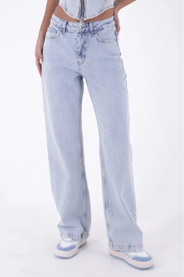 Wide Leg High Waisted Relaxed Jean  718-42-(27-32) Ice Blue - Tinted