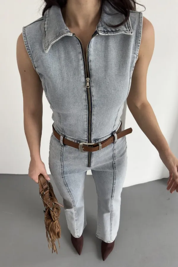 Kuplu Kolsuz Fermuarlı Kot Tulum 3013-08-(S-XL)