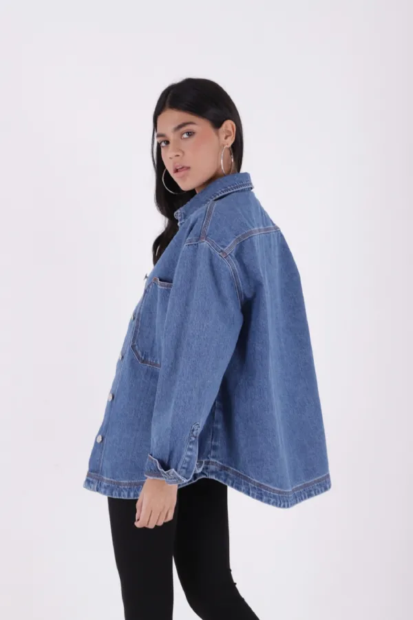 Oversize Denim Jacket with Octagonal Pocket and Stitching Detail 6069-15-(S+L+4) Light Blue Denim Oversize Denim Jacket with Octagonal Pocket and Stitching Detail 6069-15-(S+L+4) Light Blue Denim