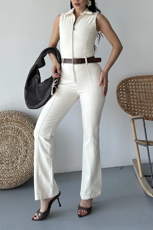 Sleeveless Denim Jumpsuit with Zipper and Belt 3013-80-(S-XL) Natural