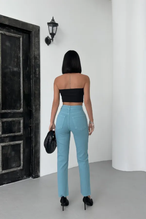 Fringe Ending High Waisted Mom Fit Jean 764-86-(28-33) Aqua Blue
