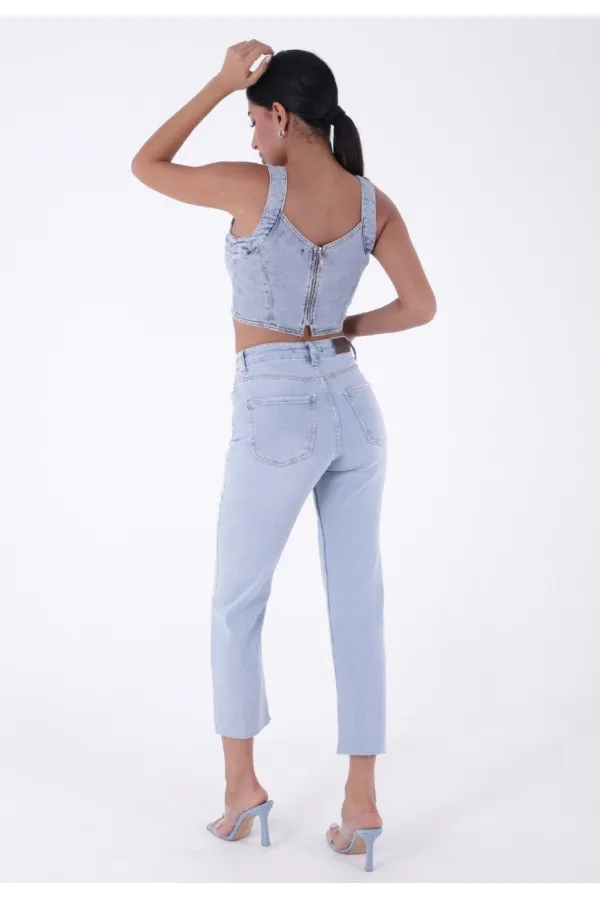 Fringe Ending High Waisted Mom Fit Jean  764-42-(32-36) Ice Blue - Tinted