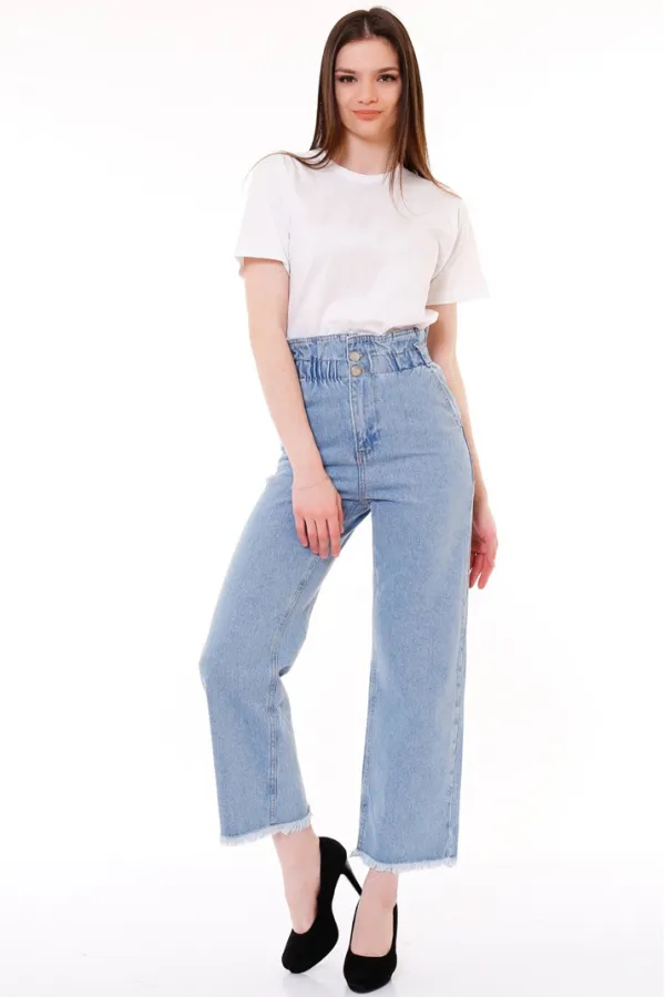 Elasticated Waist Wide Leg High Waisted Relaxed Jean 789-42-(27-32) Ice Blue - Tinted Elasticated Waist Wide Leg High Waisted Relaxed Jean 789-42-(27-32) Ice Blue - Tinted