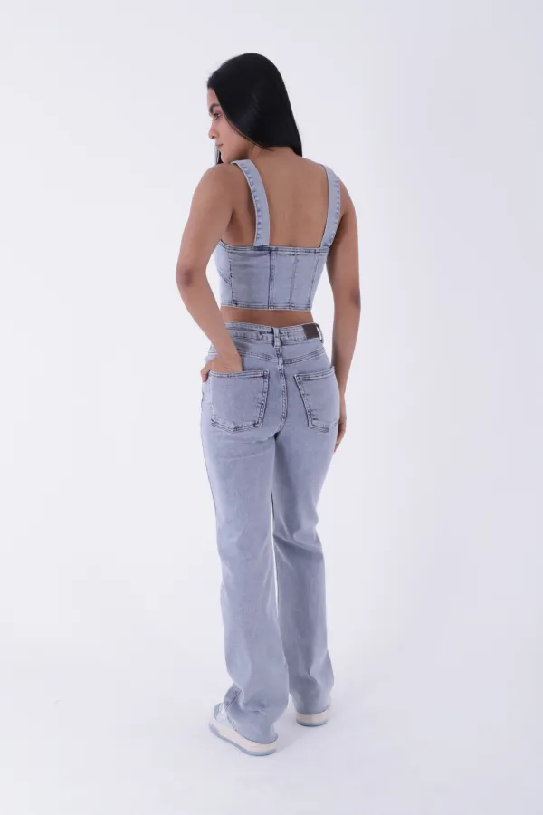 Tasseled Bottom Wide Leg Relax Jean  1726-08-(28-33) Snow Light Blue