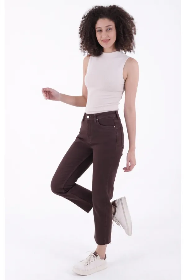 Fringe Ending High Waisted Mom Fit Jean  764-78-(24-25-6) Brown