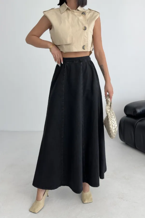 Ruffled Long Skirt with Elasticated Waist 1063-23-(36-44) Regular Anthracite