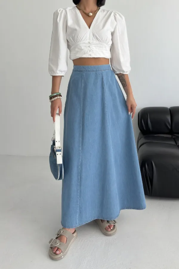 Ruffled Long Skirt with Elasticated Waist 1063-27-(36-44) Rinsed Blue