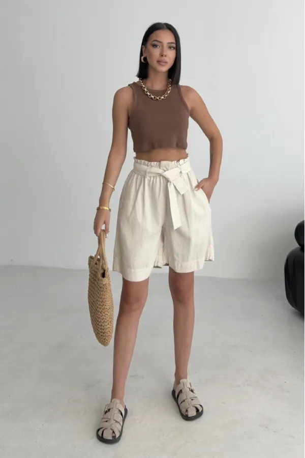 Linen Elasticated Waist Shorts HS201-65-(XS-L) Stone
