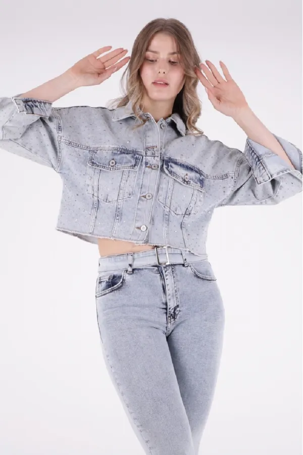 Oversize Short Denim Jacket with Stars and Rhinestones 6005-08-(S-L-5) Snow Light Blue Oversize Short Denim Jacket with Stars and Rhinestones 6005-08-(S-L-5) Snow Light Blue