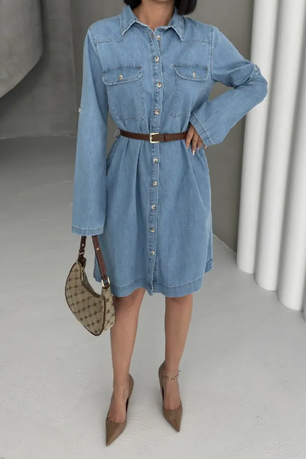 Long Shirt Dress with Buttons 6102-25-(S-XL) Middle Blue