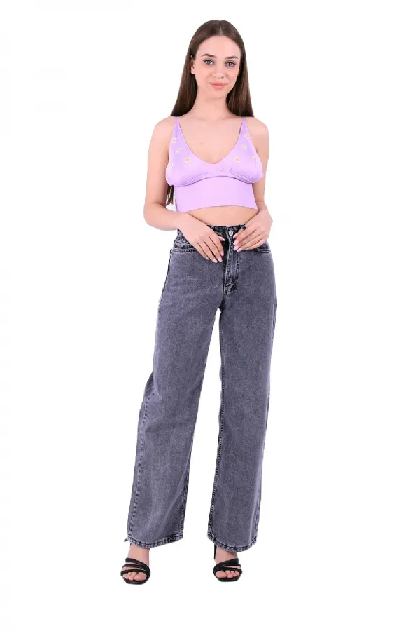 Wide Leg High Waisted Relaxed Jean  718-40-(34-40-6) Light Grey - Snow
