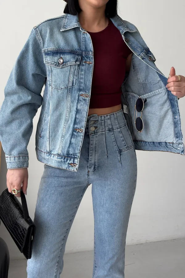 Denim Jacket with Buttons  6081-06-(S-L-3) Middle Blue Denim