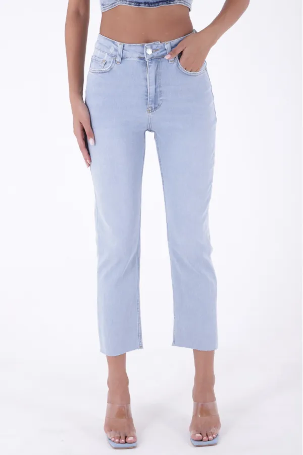 Fringe Ending High Waisted Mom Fit Jean  764-42-(26-28) Ice Blue - Tinted