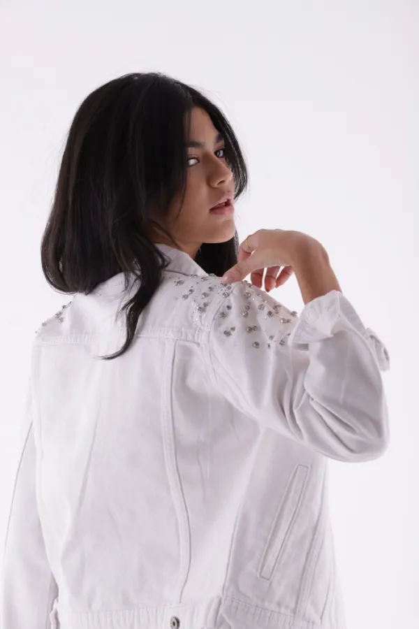 Classic Short Denim Jacket with Decorative Pieces on Shoulders 6076-50-(S-XL-6) White Classic Short Denim Jacket with Decorative Pieces on Shoulders 6076-50-(S-XL-6) White