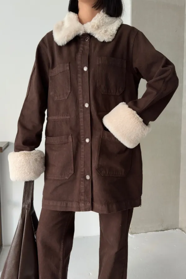 Kol ve Yakası Kürk Detaylı Orta Boy Kot Ceket 6168-78-(S+L+4)