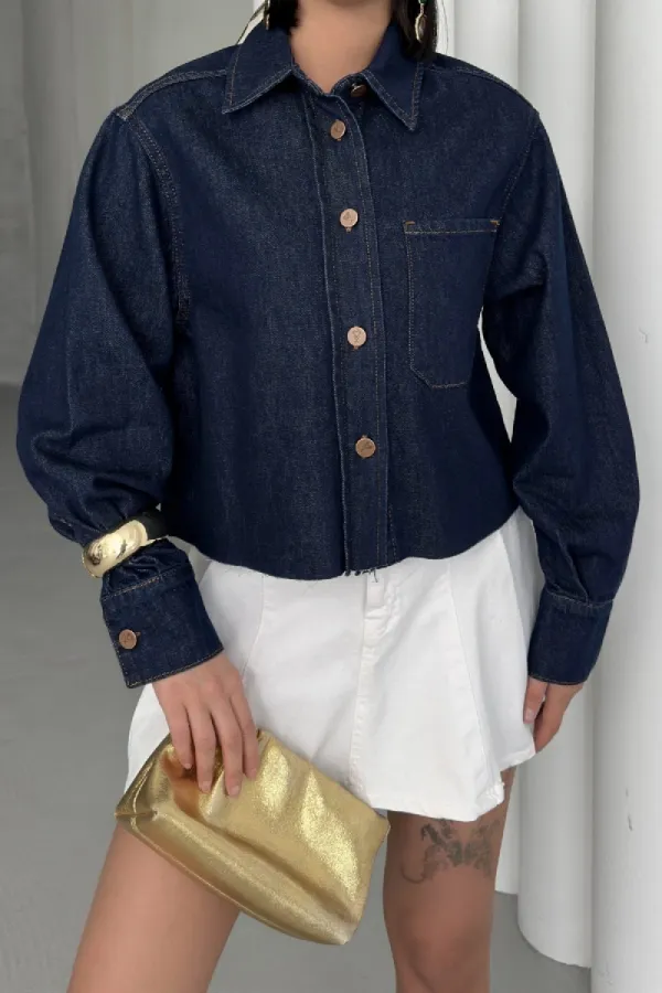 Short Denim Jacket with Pockets 6082-17-(S-XL) Slubbed Navy Blue