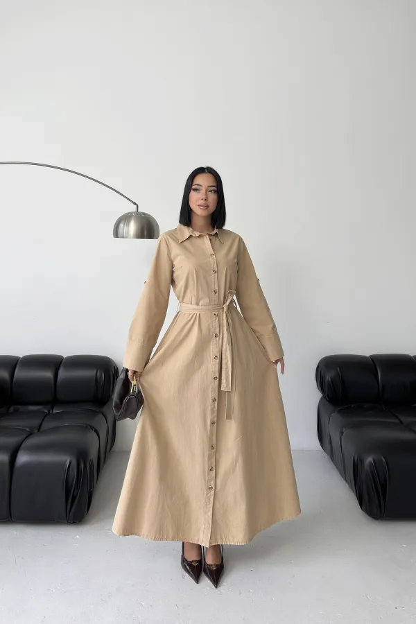 Düğmeli Uzun Boy Kot Elbise 3047-70-(S-XL) Düğmeli Uzun Boy Kot Elbise 3047-70-(S-XL)