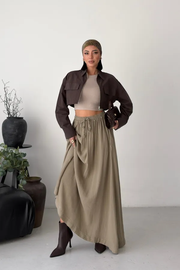 Elasticated Long Skirt HS131-74-(S-L-3) Green