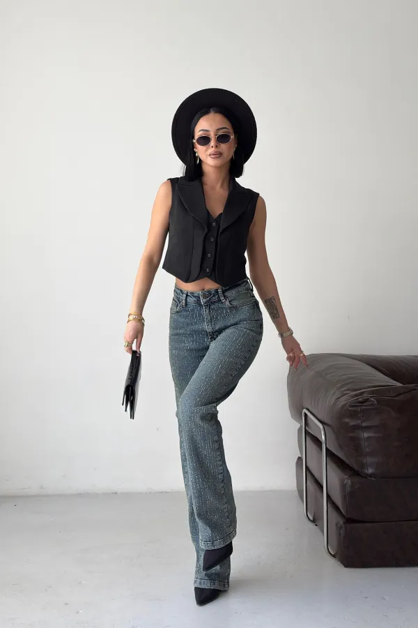 Taşlı Boru Paça Relax Kot Pantolon  7209-28-(27-32)