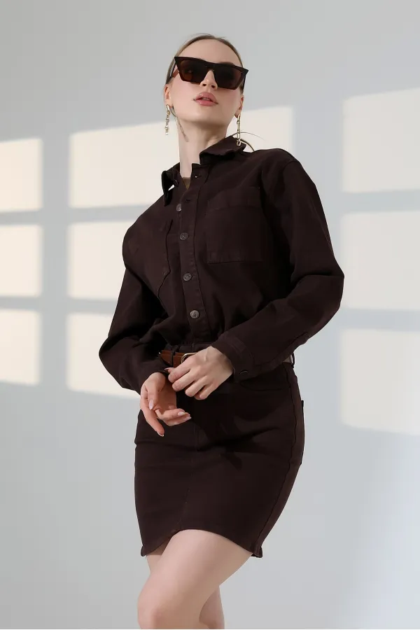 Buttoned Mini Denim Dress  3027-78-(S-L-3) Brown