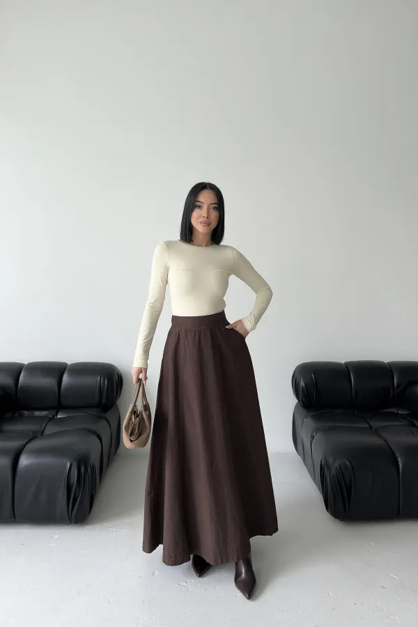 Ruffled Long Skirt with Elasticated Waist  1063-78-(36-44) Brown