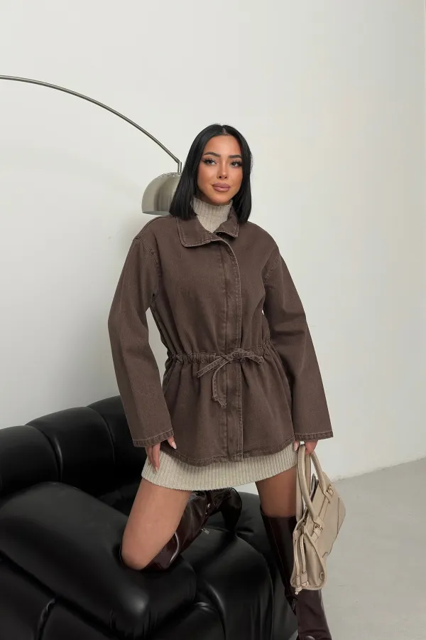 Denim Jacket with Waist Detail 6145-60-(S-L-3) Ancient Brown