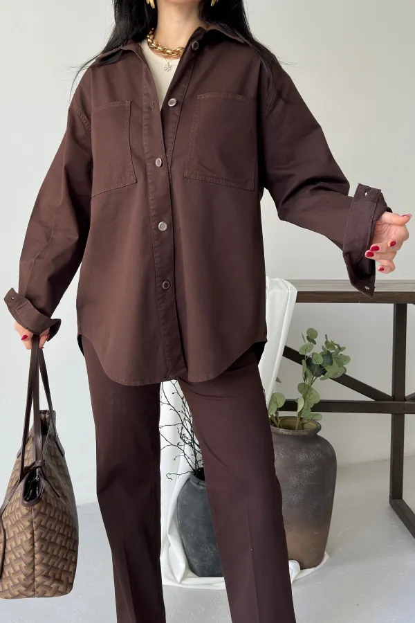Oversize Denim Jacket with Buttons  6080-78-(S-L-3) Brown