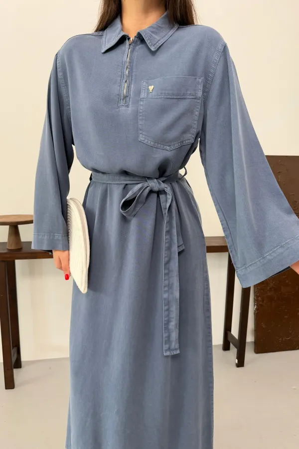 Belted Long Denim Dress 3035-98-(S-XL) 
